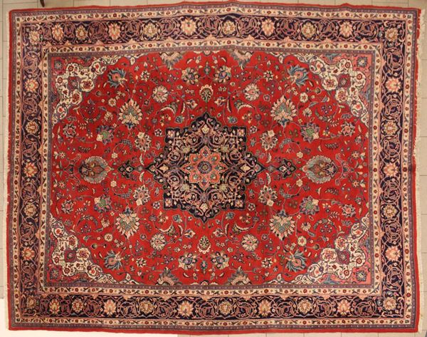 Tappeto persiano Tabriz, fondo rosso a medaglione centrale, cm 330x255