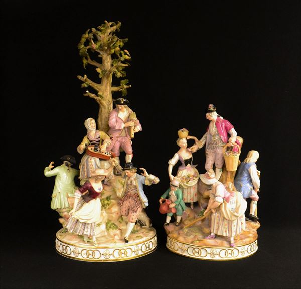 Due gruppi, inizi sec. XX, in porcellana Meissen,