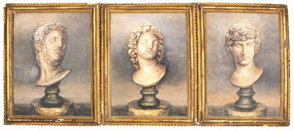 Tre dipinti ad olio su tela, sec. XX,0 raffiguranti marmi neoclassici, cm 44,5x60 (3)