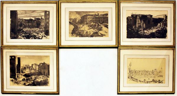 Cinque riproduzioni da Pietro Annigoni, sec. XX, raffiguranti Firenze dopo i bombardamenti, in cornice, ingombro cm 67x56 (5)
