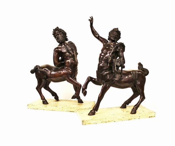 Centauri Furietti, sec. XX,in bronzo patinato su base in marmo, alt. cm 61, difetti