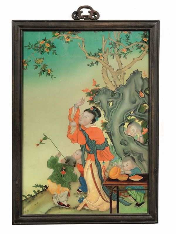 Gruppo di tre dipinti su vetro, Cina, sec. XX                     