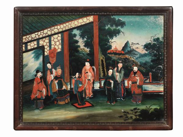 Gruppo di tre dipinti su vetro, Cina, sec. XX                       