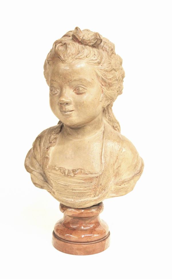 Busto, sec. XIX, in terracotta patinata raffigurante fanciulla, base circolare in marmo rosso di Verona, alt. cm 35