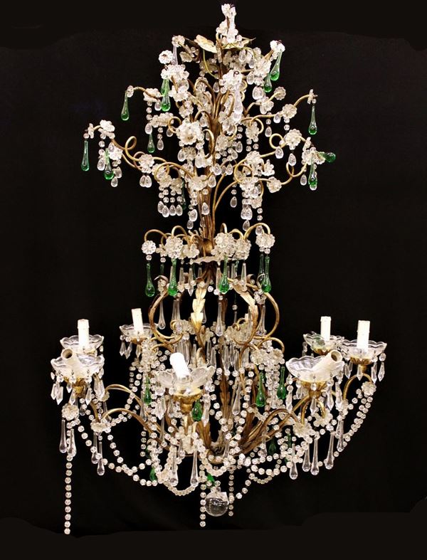 Lampadario, sec. XIX, struttura in metallo dorato lavorato a girali e foglie lanceolate, otto punti luce, numerose catene e pendenti in vetro incolere e nei toni del verde, alt. cm 110, diam. cm 80, difetti&nbsp;&nbsp;&nbsp;&nbsp;&nbsp;&nbsp;&nbsp;&nbsp;&nbsp;&nbsp;&nbsp;&nbsp;&nbsp;&nbsp;&nbsp;&nbsp;&nbsp;&nbsp;&nbsp;&nbsp;&nbsp;&nbsp;&nbsp;&nbsp;&nbsp;&nbsp;&nbsp;&nbsp;&nbsp;&nbsp;&nbsp;&nbsp;&nbsp;&nbsp;&nbsp;&nbsp;&nbsp;&nbsp;&nbsp;&nbsp;&nbsp;&nbsp;&nbsp;&nbsp;&nbsp;&nbsp;&nbsp;&nbsp;&nbsp;&nbsp;&nbsp;&nbsp;&nbsp;&nbsp;&nbsp;&nbsp;&nbsp;&nbsp;&nbsp;&nbsp;&nbsp;