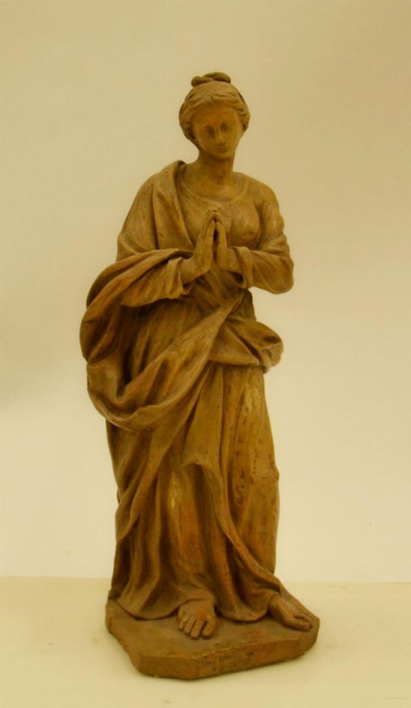 Scultura, sec. XX, in terracotta, raffigurante religiosa in preghiera; alt.