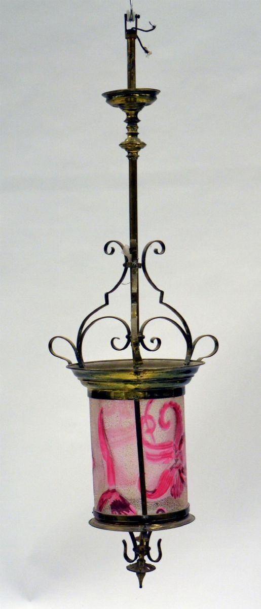 Lumiera, Liberty, in metallo con campana in vetro decorato nei toni del&nbsp;&nbsp;&nbsp;