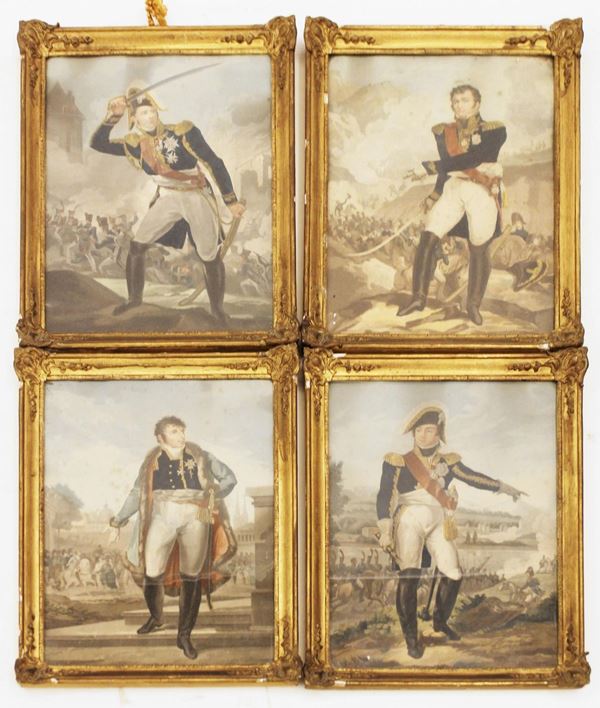 Serie di quattro incisioni acquerellate, sec. XIX, raffiguranti Napoleone 