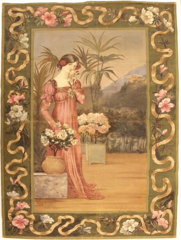 Succo d'erba, inizi sec. XX, raffigurante fanciulla e paesaggio, fascia di  - Asta GIOIELLI, ARGENTI, E OPERE DI ARTE ANTICA E CONTEMPORANEA - Poggio Bracciolini Casa d'Aste