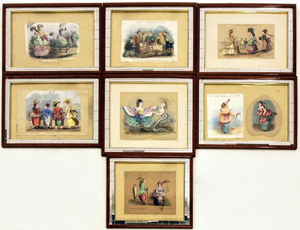 Serie di sette disegni acquerellati, Inghilterra, fine sec. XIX, in&nbsp;&nbsp;&nbsp;&nbsp;&nbsp;&nbsp;&nbsp;