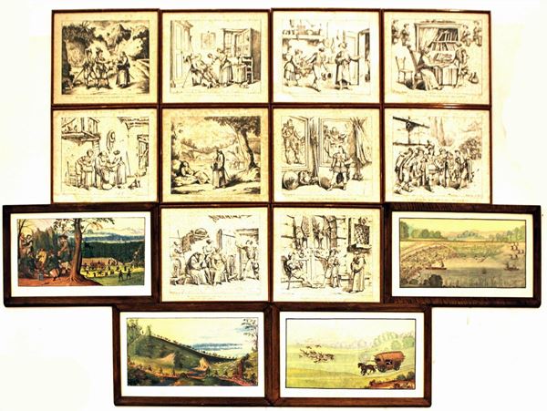 Serie di dieci stampe, sec. XIX, raffiguranti scene di genere, ingombro cm