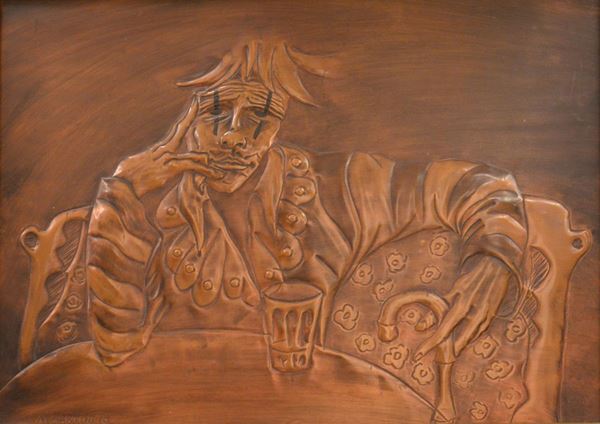 Altorilievo, sec. XX, in rame, raffigurante pagliaccio, cm 70x50, firmato M