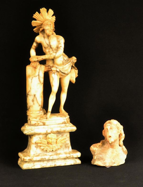 Due sculture, Siracusa, sec. XVIII, in alabastro, raffiguranti Cristo, alt.