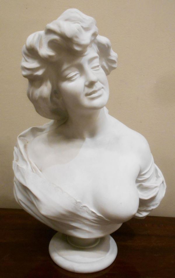 Busto, sec. XX, in gesso, raffigurante gentildonna, manifattura Mangani, cm