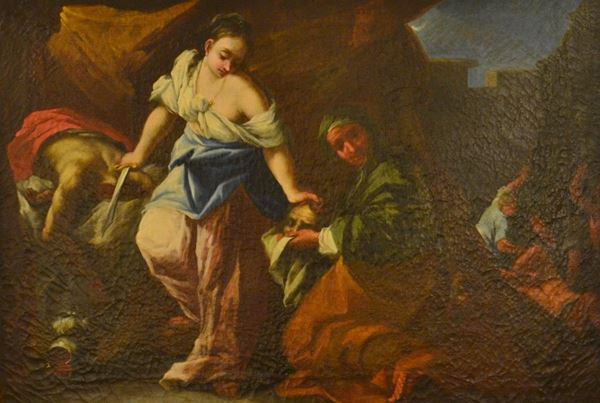 Scuola italiana, sec. XVIII, GIUDITTA E OLOFERNE, olio su tela, cm 75x55