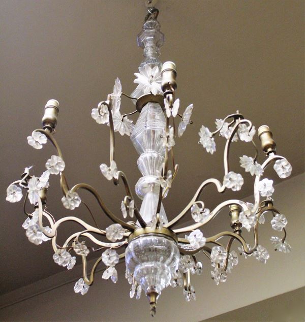 Lampadario a sospensione, fine sec. XIX, in bronzo e vetro, fusto centrale,