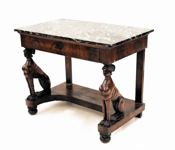 Consolle, primo quarto del sec. XIX, lastronata in mogano, piano&nbsp;&nbsp;&nbsp;&nbsp;&nbsp;&nbsp;&nbsp;&nbsp;&nbsp;&nbsp;