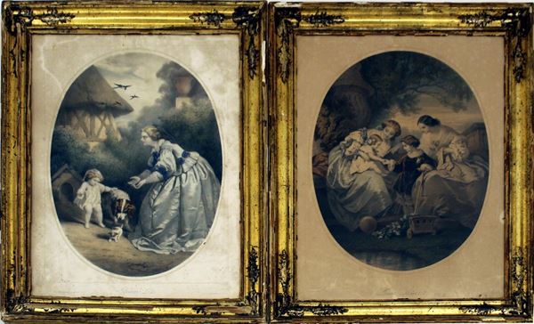 Due stampe, Francia, sec. XIX, in cornice dorata, raffiguranti scene di&nbsp;&nbsp;&nbsp;