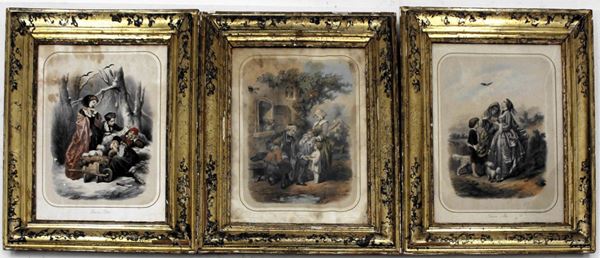 Tre stampe, Francia, sec. XIX, in cornici dorate, raffiguranti scene di&nbsp;&nbsp;&nbsp;