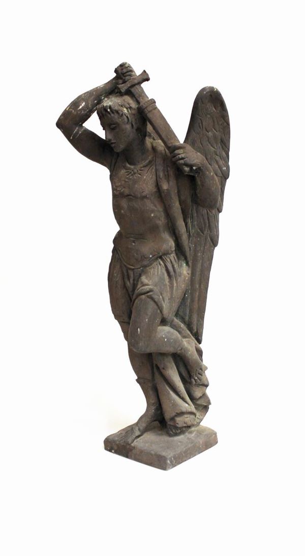 Scultura, sec. XX, in bronzo, raffigurante Arcangelo, alt. cm 57&nbsp;&nbsp;&nbsp;&nbsp;&nbsp;&nbsp;&nbsp;&nbsp;&nbsp;&nbsp;  - Asta GIOIELLI, ARREDI D'ANTIQUARIATO, DIPINTI DAL XVI AL XX SECOLO E ARGENTI - Poggio Bracciolini Casa d'Aste