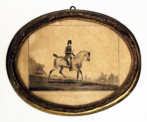Incisione, sec. XIX, raffigurante cavallo e&nbsp; cavliere, in cornice ovale, cm