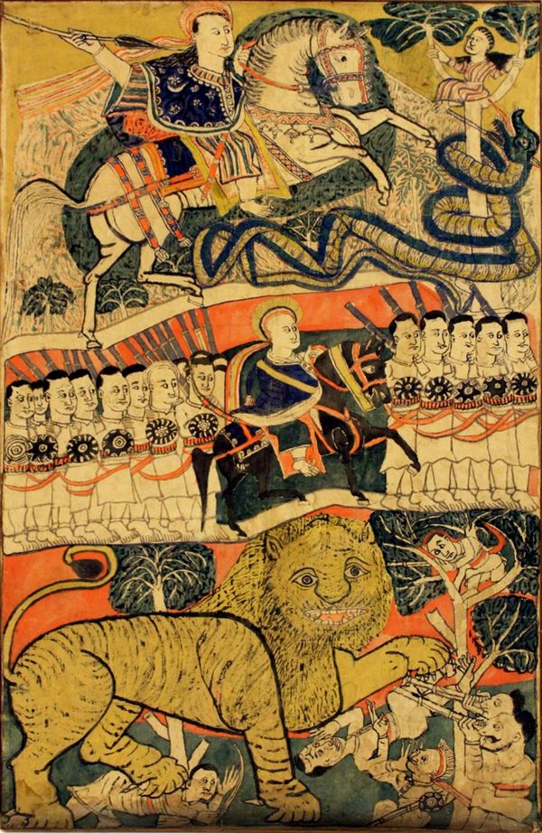 Batik, arte orientale, sec. XX, su stoffa riportata su faesite,&nbsp;&nbsp;&nbsp;&nbsp;&nbsp;&nbsp;&nbsp;&nbsp;&nbsp;&nbsp;&nbsp;
