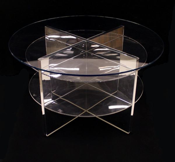 Tavolo, sec. XX, piano circolare in cristallo temperato, sostegno a sezione