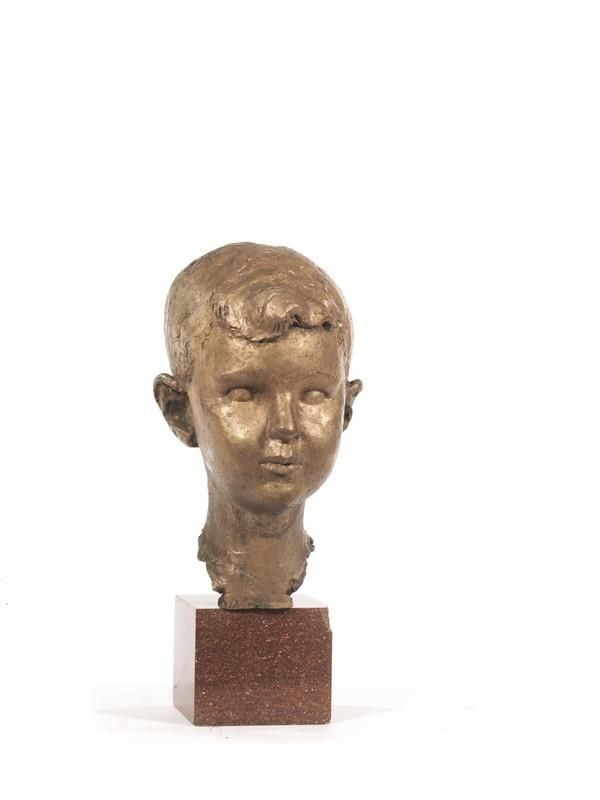 Scultura, sec. XX, in bronzo raffigurante testa di fanciullo su base in&nbsp;&nbsp;&nbsp;