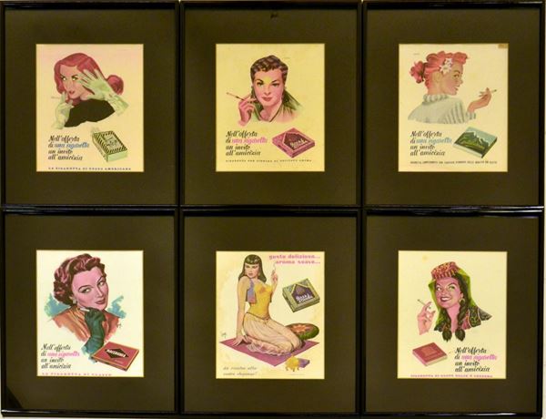 Sei immagini pubblicitarie, anni 50, in cornice, ingombro massimo, cm 41x51