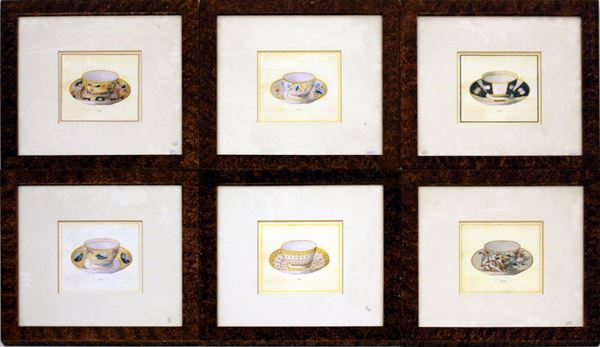 Serie di sei stampe, sec. XX, entro cornice, raffiguranti tazzine con&nbsp;&nbsp;&nbsp;&nbsp;&nbsp;  - Asta GIOIELLI, ARREDI D'ANTIQUARIATO, DIPINTI DAL XVI AL XX SECOLO E ARGENTI - Poggio Bracciolini Casa d'Aste
