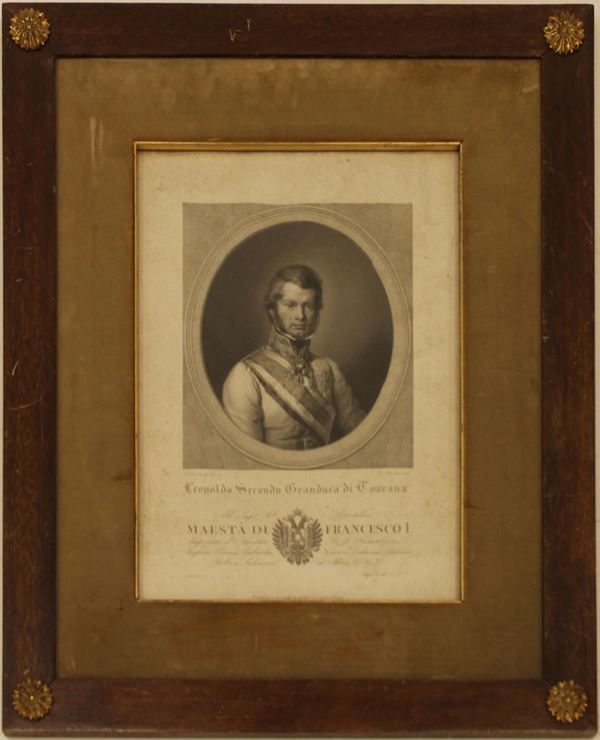 Incisione, sec. XIX, raffigurante Leopoldo II Granduca di Toscana, entro&nbsp;&nbsp;  - Asta GIOIELLI, ARREDI D'ANTIQUARIATO, DIPINTI DAL XVI AL XX SECOLO E ARGENTI - Poggio Bracciolini Casa d'Aste