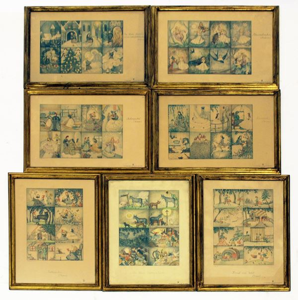 Sette stampe, Germania, inizio sec. XX, raffiguranti novelle per bambini,&nbsp;  - Asta GIOIELLI, ARREDI D'ANTIQUARIATO, DIPINTI DAL XVI AL XX SECOLO E ARGENTI - Poggio Bracciolini Casa d'Aste