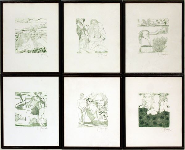 Serie di sei incisioni, sec. XX, in monocromia verde, raffiguranti nudi,&nbsp;&nbsp;