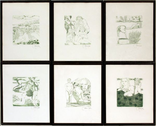 Serie di sei incisioni, sec. XX, in monocromia verde, raffiguranti nudi,&nbsp;&nbsp;  - Asta GIOIELLI, ARREDI D'ANTIQUARIATO, DIPINTI DAL XVI AL XX SECOLO E ARGENTI - Poggio Bracciolini Casa d'Aste