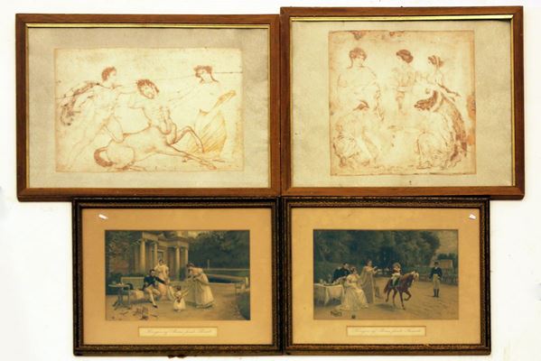 Due riproduzioni di disegni a sanguigna, raffiguranti scene mitologiche,