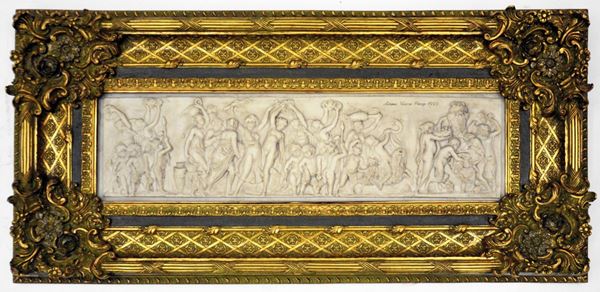 Grande placca, sec. XIX, in conglomerato, raffigurante baccanale, iscritta&nbsp;&nbsp;