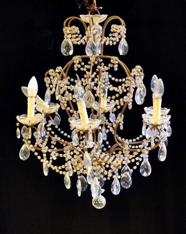 Lampadario, inizi sec. XX, in metallo con fili e gocce di cristallo, sei&nbsp;&nbsp;