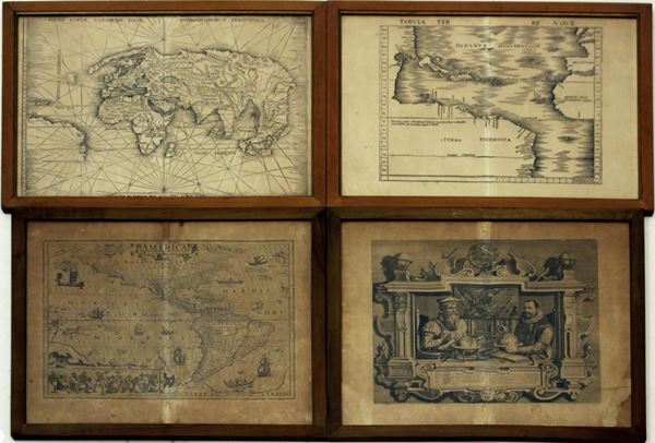 Serie di quattro incisioni, sec. XIX, raffiguranti mappe geografiche e&nbsp;&nbsp;&nbsp;&nbsp;