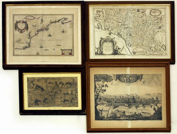 Serie di quattro incisioni, sec. XVIII/XIX, raffiguranti soggetti vari, in