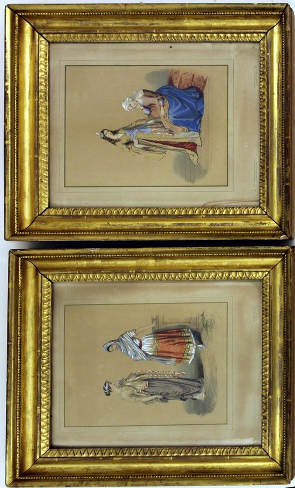 Coppia di incisioni litografiche, Inghilterra, sec. XIX, acquerellate,&nbsp;&nbsp;&nbsp;&nbsp;