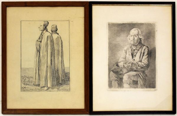 Due incisioni all'acquaforte, sec. XVII/XIX, raffiguranti figure maschili,