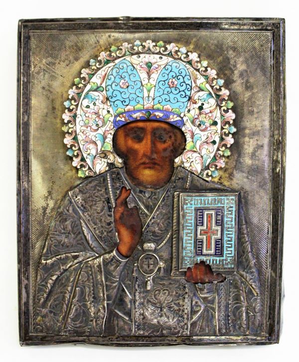 Icona, Russia, sec. XIX, olio su tavola raffigurante Cristo Pantocratore, 