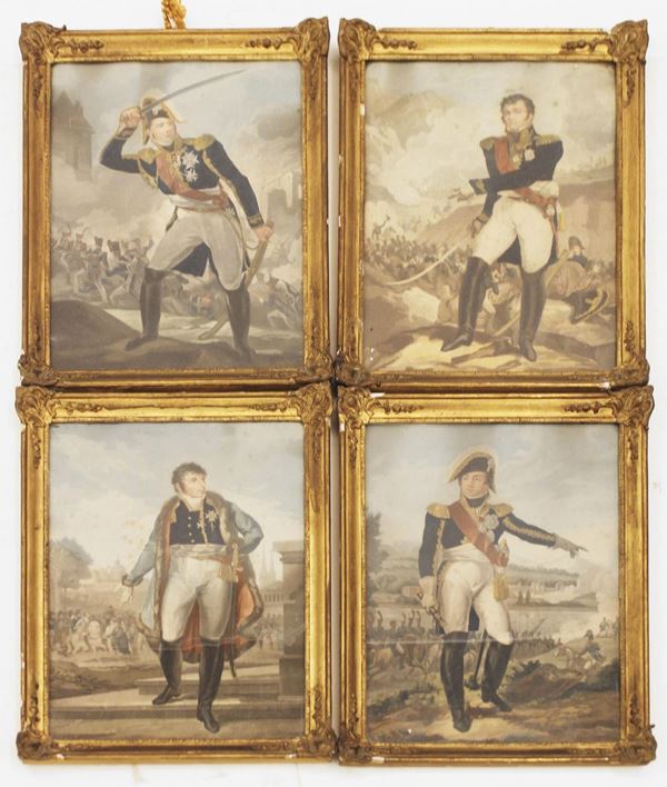 Serie di quattro incisioni acquerellate, sec. XIX, raffiguranti Napoleone 