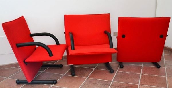 Sei poltrone, sec. XX, manifattura Artflex, in plastica e tessuto rosso,&nbsp;&nbsp;