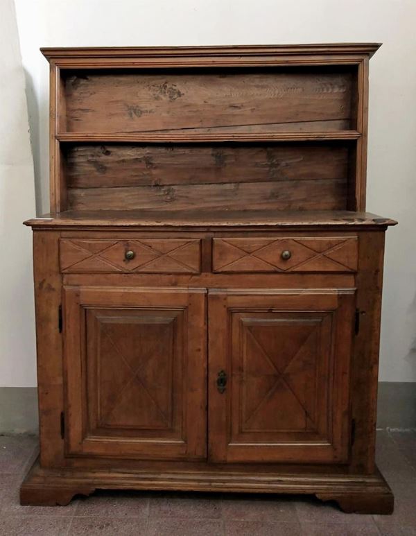 CREDENZA CON ALZATA,SEC.XX,IN NOCE,DUE CASSETTI E                         