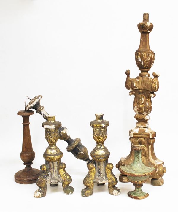 Serie di sei frammenti, sec. XVIII/XX, in legno scolpito, laccato e dorata,