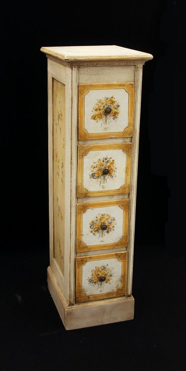 Cassettiera a colonna, sec. XX, in legno laccato e dipinto in policromia a