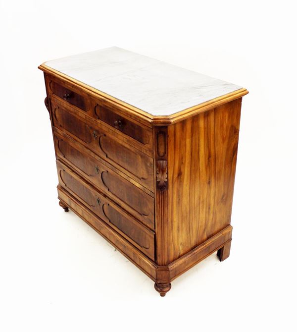 Cassettone, Luigi Filippo, lastronato in noce, piano in marmo bianco&nbsp;&nbsp;&nbsp;&nbsp;&nbsp;&nbsp;