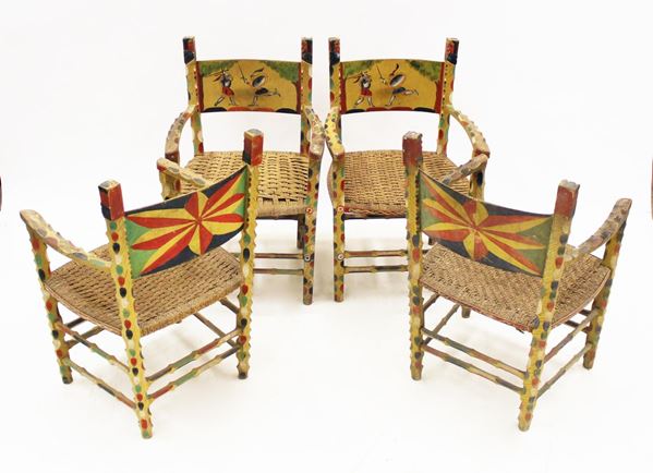 Serie di quattro sedie, Sicilia, sec. XX, in legno dipinto in policromia,&nbsp;