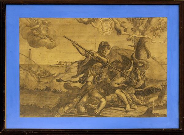 Incisione su carta, sec. XVIII, firmata in lastra Cadmut, raffigurante San
